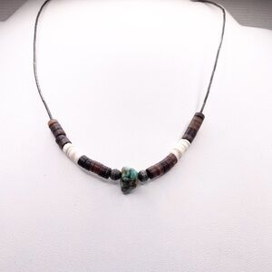 Liquid silver beads with Turquoise Bead and Heishi Disk Necklace - Brown White